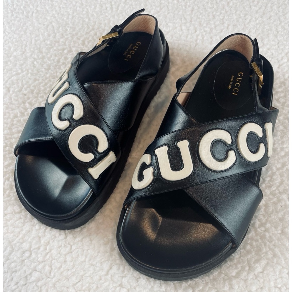 GUCCI • Black Ornella Logo Appliqué Crossover Leather Slingback Sandals, 8.5 - Picture 4 of 16